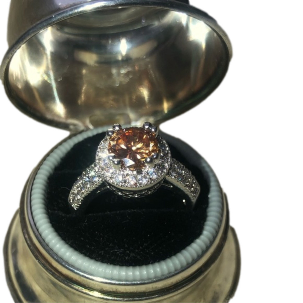 SILVER Tone Simulated Morganite Halo Ring w Filigree Setting Sturdy Costume 4.75